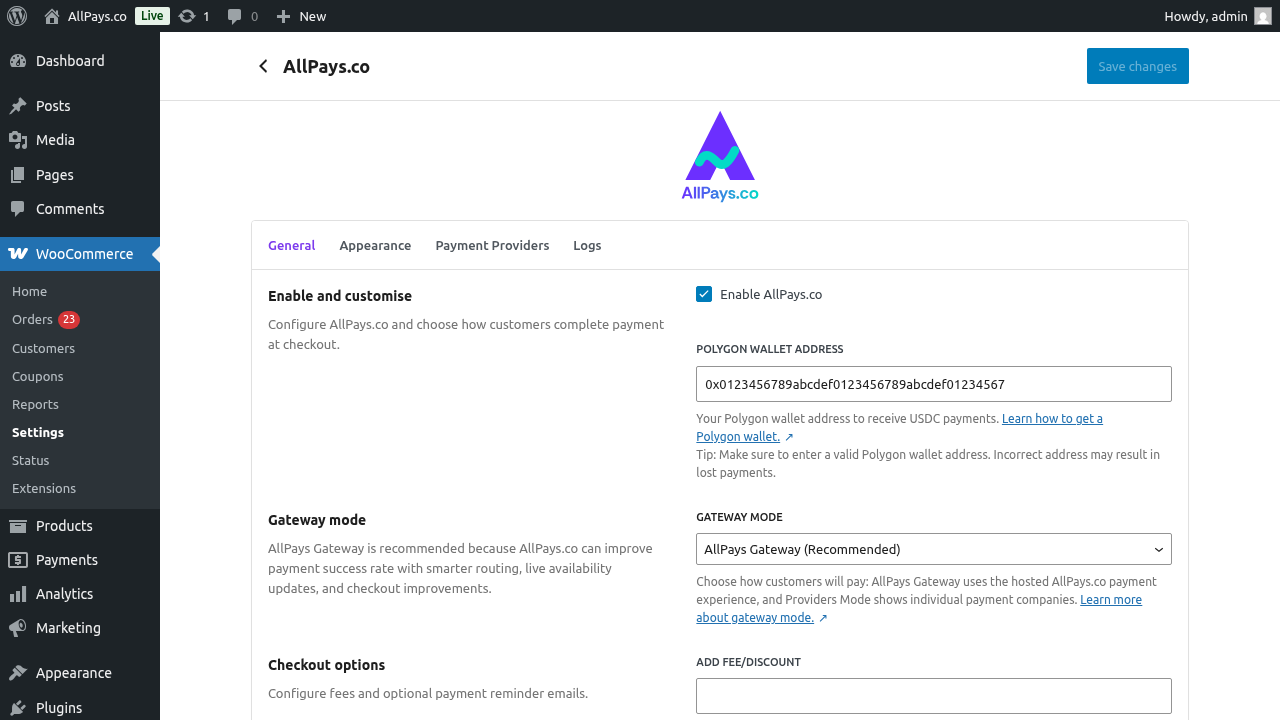 General settings screen for AllPays.co in WooCommerce