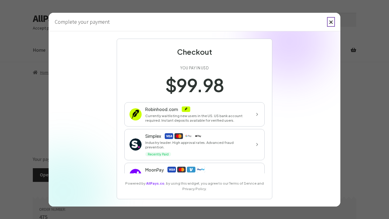 Hosted AllPays checkout modal opened from a WooCommerce order
